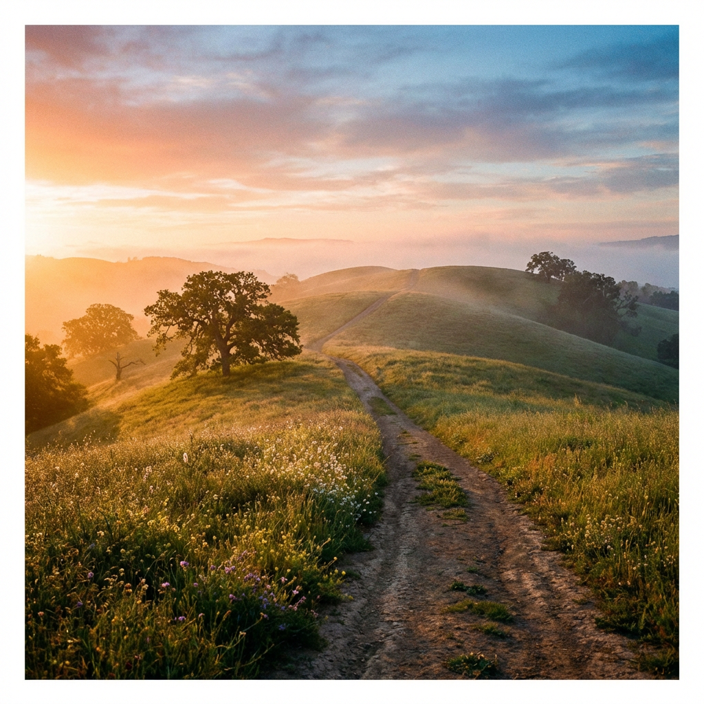 Dirt trail through grassy hills with trees under a colorful sunset sky